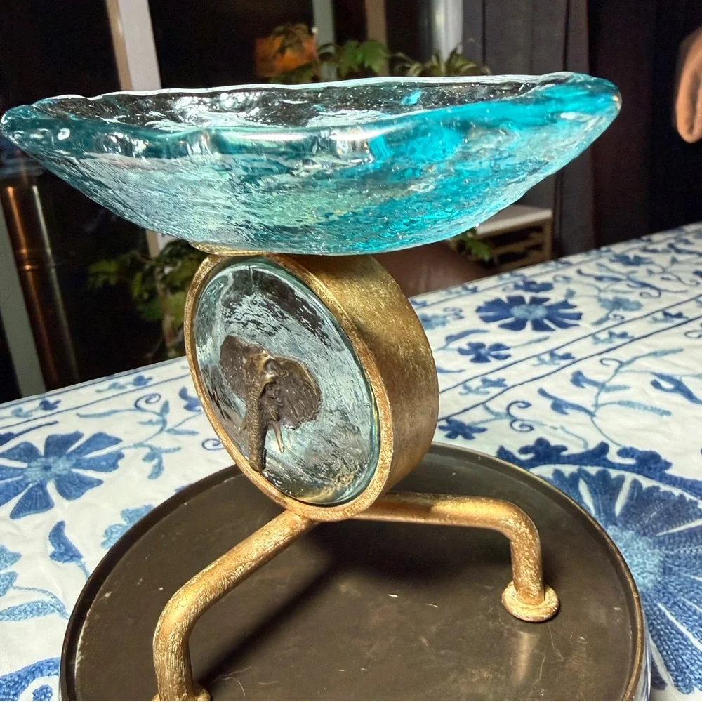 VTG  Art nouveau Brass Ornate Stand with Blue Glass & Elephant MCM Soap Dish EUC